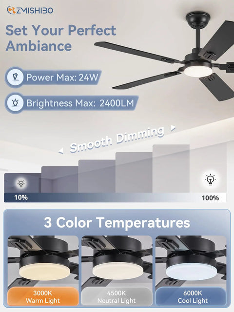 52 Inch Black Ceiling Fan With Lights, Modern Farmhouse Design, featuring 3 color temperature settings and remote control