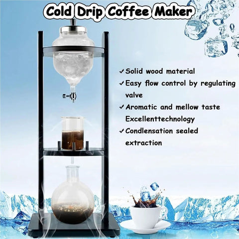 Next Level Manual Cold Drip Coffee Maker For Home Baristas Chasing Killer Cold Brew, wooden stand, borosilicate glass, 3-hour cycle.