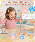 Straight Up Awesome Wooden Abacus For Kids Math Learning With Double Sided Magnetic Whiteboard And Finger Counting Frame, child engaging in learning.