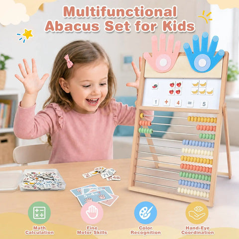 Straight Up Awesome Wooden Abacus For Kids Math Learning With Double Sided Magnetic Whiteboard And Finger Counting Frame, child engaging in learning.
