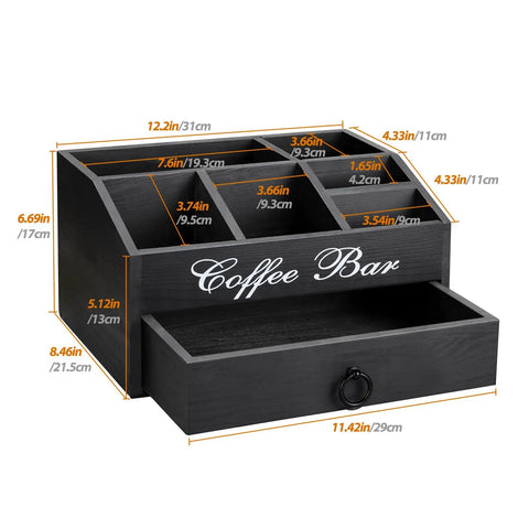 Coffee Station Organizer With Drawer For Countertop Farmhouse Wood Bar Accessory Pods Holder with dimensions shown