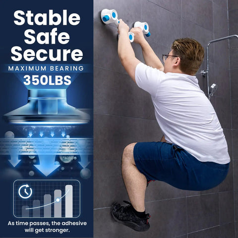 Man testing Super Strong Adhesive Shower Grab Bar L Shape Handle Rail for Bathroom Safety on tiled wall