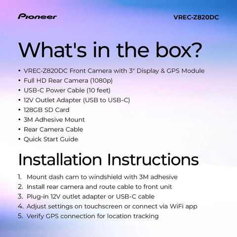 Image showing contents of the box for Dual Dash Cam For Your Ride Front And Rear, 4K Front And 1080P Rear, AI ISP Starvis Night Vision.