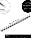 304 Stainless Steel Round Rods Set, 20 Pieces, 15.98 Inch Length And 0.118 Inch Diameter, featuring dimension details.