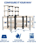 Diagram showing L-shaped Steel Workbench Kit With 5 Steel Legs And Shelf Brackets, customizable up to 96 inches, supports 1000 lbs