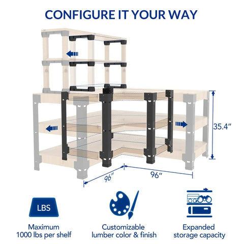 Diagram showing L-shaped Steel Workbench Kit With 5 Steel Legs And Shelf Brackets, customizable up to 96 inches, supports 1000 lbs