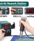 959D I Digital Hot Air Rework Station in use, with PID control and adjustable temperature display, for SMD soldering.