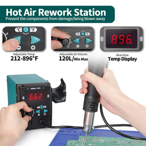 959D I Digital Hot Air Rework Station in use, with PID control and adjustable temperature display, for SMD soldering.
