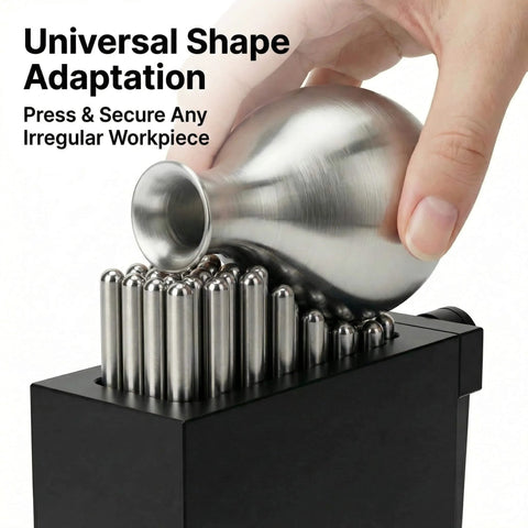 Pro Grade Universal Clamp Fixture For CNC Machining And Laser Marking, SUS Stainless Steel Pin Clamp in use with curved metal object