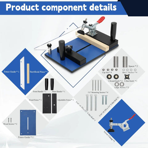 Rail Coping Sled For Router Table With R1/8 Inch R3/16 Inch R5/16 Inch Roundover Bits and components, showing base and handles