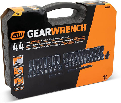 44 Piece 3/8 Inch Drive 6 Point Socket Set With Standard And Deep Impact Sockets In SAE And Metric Sizes For Auto Shop Jobs Built From Chrome Molybdenum Alloy Steel For Lasting Strength package