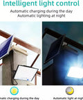 JUDYSSY Solar Street Light Outdoor showing solar panel charging on a pole and activated light at night.