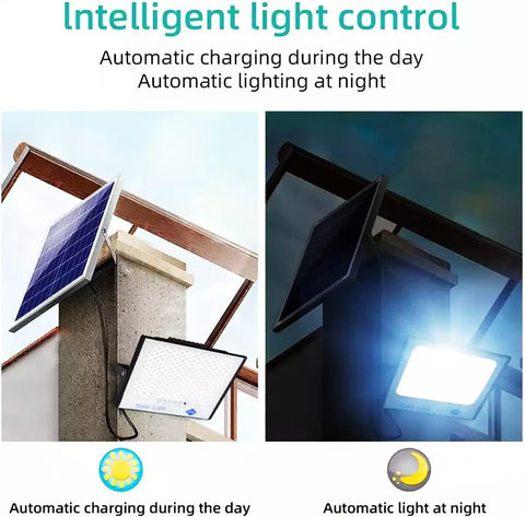 JUDYSSY Solar Street Light Outdoor showing solar panel charging on a pole and activated light at night.