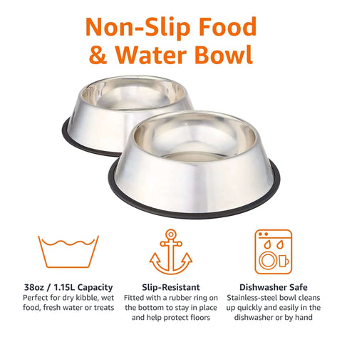 Stainless Steel Non Skid Dog Food And Water Bowls Set Of 2 For Pups, Dishwasher Safe, Rust Resistant, 38 Ounce Capacity Per Bowl