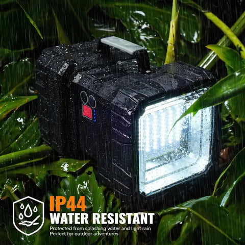 Ultra Bright Rechargeable LED Spotlight Flashlight with 1200 Lumens, IP44 water-resistant in rain on leaves