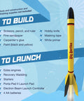 Big Bertha Rocket Building Kit For Ages 10 Plus with tools and launch supplies list on blue background