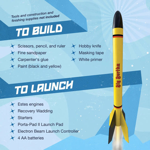 Big Bertha Rocket Building Kit For Ages 10 Plus with tools and launch supplies list on blue background