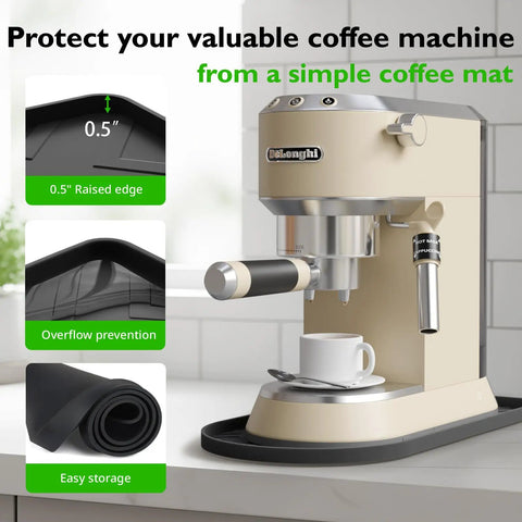 Silicone Coffee Mat 15.8 Inch By 11.8 Inch Bar Mat For Countertop Heat Resistant Non Slip Leak Proof Fit For Most Coffee Makers And Espresso Machines Black For Your Home Brew Setup under a coffee machine showing raised edges and non-slip surface.