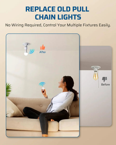 Remote Control Light Socket With Wireless Control For Lamps And Fixtures, Pull Chain Compatible, 100Ft Range, No Wiring Needed, ETL Listed, No Fuss Easy Hands Free Control From Bed Or Couch