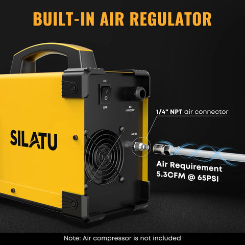 Side view of a 55Amp Dual Voltage Plasma Cutter With HF Non-Touch Pilot Arc, showing built-in air regulator and 1/4 inch NPT connector