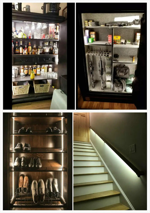 Motion Activated LED Strip Light Kit With Adjustable Time Delay And Lux, 19.7Ft installed in cabinets, safe, stairs, and closet.