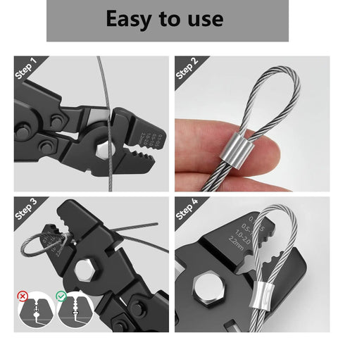 Step-by-step instructions for using All In One Wire Rope Crimping Tool Kit with One Sixteenth Inch Cable and M6 Turnbuckle Set