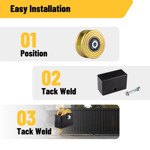 Easy installation steps for 2 Pack Built Tough 4 Inch V Groove Sliding Gate Rollers with welded brackets and sealed bearings.