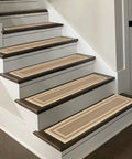 Beige 15 Pack Non Slip Stair Treads 8x30 Inches For Indoor Wooden Stairs in use showing TPR backing grip, no glue needed.