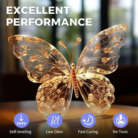 Clear epoxy resin butterfly sculpture showcasing excellent performance features like self-leveling and low odor.