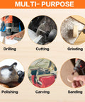 Six circle images showing uses of 172 Piece Rotary Tool Accessories Kit With One Eighth Inch Shank Bits for DIY Projects