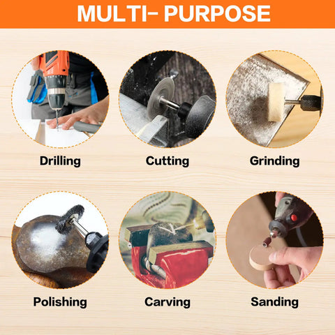 Six circle images showing uses of 172 Piece Rotary Tool Accessories Kit With One Eighth Inch Shank Bits for DIY Projects