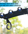 Bike rack with attached cradle straps, compatible with Must Have Six Piece Black Rubber Strap Set for Bike Rack Replacement.