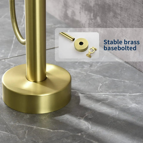 Stable brass base of Freestanding Brushed Gold Tub Filler Faucet With Hand Shower And Swivel Spout Floor Mounted Brass Tub