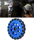 Blue 8-inch omni wheel with aluminum alloy hub and black roller segments for DIY omnidirectional movement.
