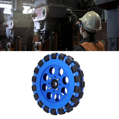 Blue 8-inch omni wheel with aluminum alloy hub and black roller segments for DIY omnidirectional movement.