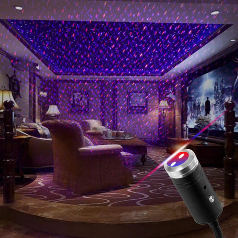 USB Star Light Sound Activated Night Light For Car And Home With 3 Color Options And 9 Modes illuminating red and blue ceiling
