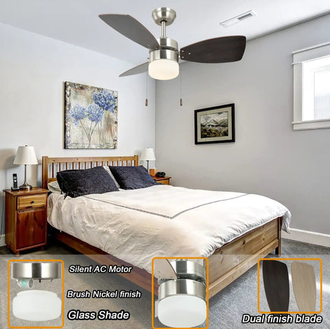 36 Inch Brushed Nickel Ceiling Fan With Light Kit And Pull Chain Control For Small Rooms, Quiet ETL Certified With Reversible Motor And 3 Reversible Blades, Ideal For Kitchen, Bedroom, Office, Bathroom, Hallway Or Living Space
