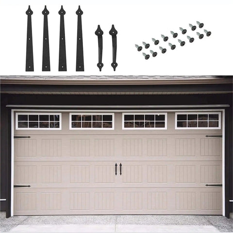 Old School Steel Door Hardware Kit With Carriage House Hinges And Handles displayed on garage door