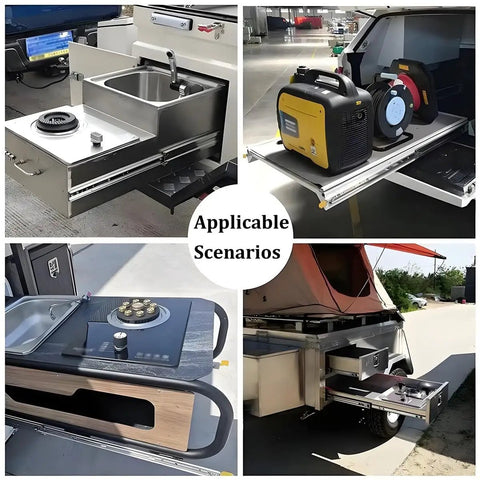 Various uses of Heavy Duty 46 Inch Drawer Slides With Lock, 480 Pound Capacity, side-mounted in industrial settings.