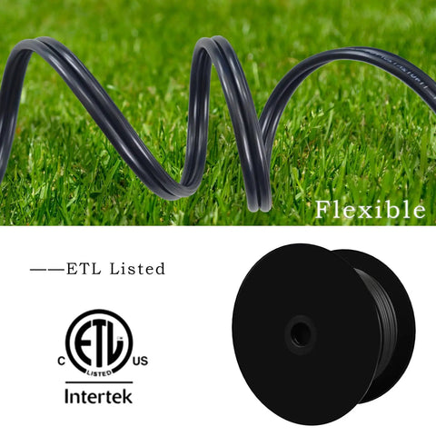 Low Voltage Landscape Lighting Wire 14 AWG 2 Conductor 100 Ft Black Waterproof showcased on grass with ETL logo