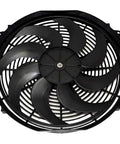 Heavy Duty 16 Inch Radiator Electric Cooling Fan Featuring Slick Reversible Push Pull Setup For Cars And Trucks To Deliver Killer 3000 CFM Airflow Alongside Easy Plug And Play Thermostat And Solid Bracket Kit, top view of black fan blades.
