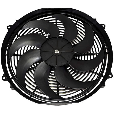 Heavy Duty 16 Inch Radiator Electric Cooling Fan Featuring Slick Reversible Push Pull Setup For Cars And Trucks To Deliver Killer 3000 CFM Airflow Alongside Easy Plug And Play Thermostat And Solid Bracket Kit, top view of black fan blades.