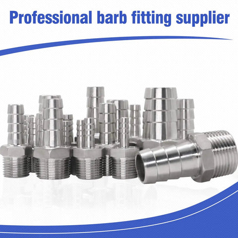 NPT 1 Inch Male Thread to 1 Inch OD Barb Stainless Steel Pipe Fitting with multiple fittings displayed