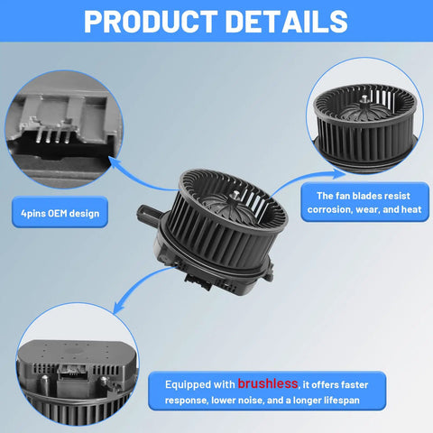 Front Hvac Heater Blower Motor Brushless Design Fits Chevy Cruze Volt Bolt Gmc Acadia Buick Enclave Cadillac X T Five Straight Fire Under Hood detailed view with OEM design and fan blade features.