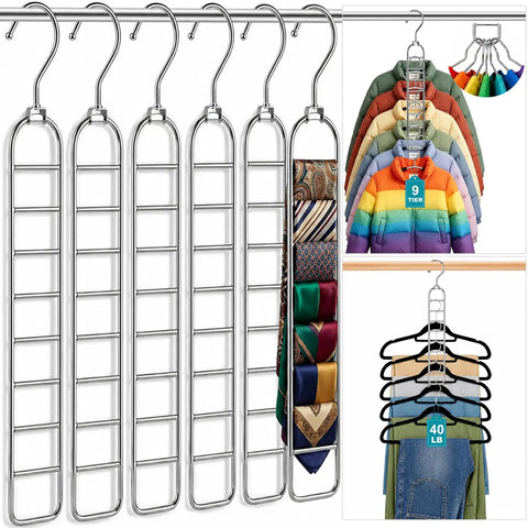 Heavy Duty Metal Hangers Six Pack Featuring Fifty Four Hooks For Massive Space Saving Closet Organization And College Dorm Essentials A Straight Up Dorm Room Game Changer Now, showing a multi-tier design with jackets and accessories.
