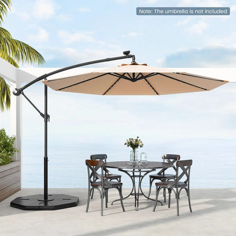 Heavy Duty Cantilever Umbrella Base Set With 4-Piece Hexagonal Water And Sand Fillable Plates For Outdoor Patios Gardens And Poolside 208 Lb Capacity Windproof Stability Cross Base Not Included supporting a cantilever umbrella over a patio table and chairs.