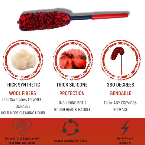 Image of Pro Grade Long Handle Wheel Brush with thick synthetic wool fibers for rim cleaning, showcasing 360-degree bendable feature.