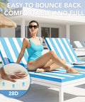 Waterproof Outdoor Lounge Chaise Cushions Two Pack 72 By 21 By 3 Inches With Fade Resistant Removable Covers For Poolside Patio Lawn Deck Blue White Pair, shown by poolside in use on loungers