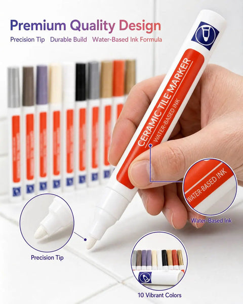 Hand using Grout Fix Pen For Tile Grout Lines Waterproof Tile Repair Marker For Ceramic Walls And Floors Quick DIY Refresh In Kitchen Bathroom With Bright White Finish, highlighting precision tip and water-based ink.