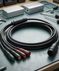 Kick Up Your E-Bike Game With This Super Long 1500mm Bolt On Extension Cable For KT Controllers. Seamless Hookup For Display Throttle And Brake Levers. Black Durable Build Ensures Smooth Riding Without Any Hiccups. Grab This Heavy Duty Upgrade Now To Fix. 1500mm black KT controller extension cable with multi-pin connectors on workbench